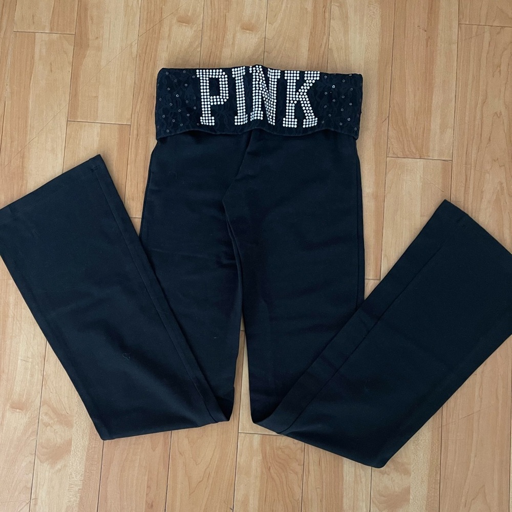 PINK Victoria Secret Black “PINK” Bling & Sequined Fold Over Yoga XS